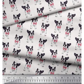 Soimoi Cotton Poplin Fabric Bow & Boston Terrier Dog Printed Fabric 1 metre 56 Inch Wide