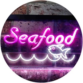 Seafood Fish Restaurant Dual Color LED Neon Sign White & Purple 12" x 8.5" st6s32-i0070-wp