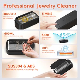 ROLWAY Ultrasonic Jewelry Cleaner, 48KHz Jewelry Cleaner 20oz, Jewelry Cleaner Ultrasonic Machine with One-Touch 5-Min Deep Clean for Eyeglasses, Rings, Jewelry, Watches, Dentures Black