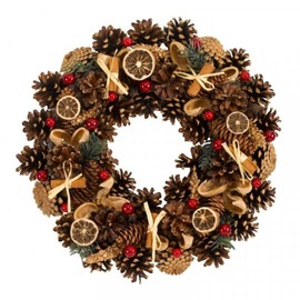 Marco Paul Christmas Pine Wreath Garland Ornaments - Classical Autumn Decor with Pine Cones, Orange, Berries and Cinnamon Christmas Decorations - 30cm Xmas Hanging Garland Indoor, Outdoor Decoration