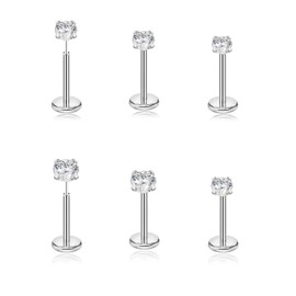 Threadless Flat Back Earrings 6 Pairs Earring Sets Small Huggie Hoop Earrings for Women Surgical Steel Earrings, Stainless Steel, Cubic Zirconia