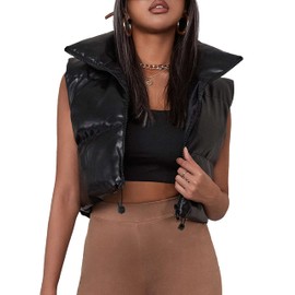 UANEO Cropped Puffer Vest Women Zip Up Stand Collar Sleeveless Padded Crop Puffy Vests (#3Black-M)