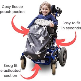 BundleBean - 100% Waterproof Fleece-Lined Child Wheelchair Cover (Grey Elephant) - Kids Warming Wheelchair Cosy, Fleece-Lined Pocket for Hands, Universal Fit for Wheelchairs & Special Needs Buggies