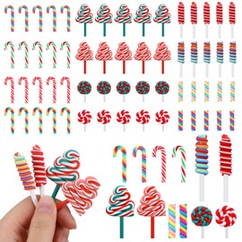 Giegxin 60 Pcs Mini Christmas Fake Candy Canes for Crafts Christmas Decoration Miniature Rainbow Peppermint Lollipop Embellishment Xmas Tiny Candy Ornaments for DIY Craft Making Scrap Booking Supplies