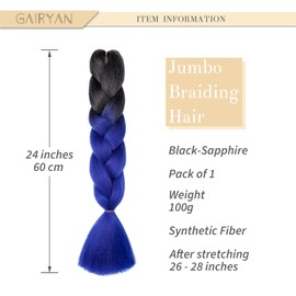 Gairyan Braid Extensions, Braiding Extensions, Synthetic, 1 Piece, 100 g, 60 cm, Jumbo Braiding Hair, Ombre, Synthetic Box Braid Hair Extensions, Braids, Afro for Crochet Twist, Black & Sapphire