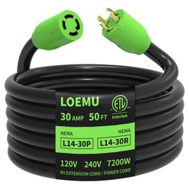 LOEMU 50FT 30 Amp Generator Extension Cord, NEMA L14-30P/L14-30R 10 Gauge Twist Lock Cord 4 Prong, STW Heavy-Duty Waterproof Generator Cord Black