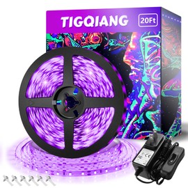 TigQiang Black Light Strip, 20ft/6M Flexible LED Black Light with kit, 360 lamp Beads, 12V LED Light, Non-Waterproof for Indoor Fluorescent Dance Party, Stage, Birthday, Wedding, Dark Party