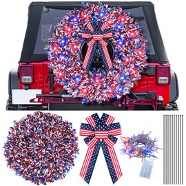 Knitgrip 4th of July Car Wreath Spare Tire Decoration Patriotic LED Spare Tire Cover DIY Kit Include 150ft Star Metallic Garland Patriotic Bow 80 LED String Lights for Truck SUV Independence Day Decor