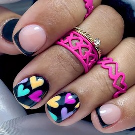 Gold Press on Nails French Tip Fake Nails with Designs Glossy Valentines Glue on Nails Short Static Nails Heart False Nails Flower Nails Press on Acrylic Nails Coffin Stick on Nails for Women