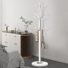 Tenkovic Metal Coat Rack Stand with Natural Marble Base, Coat Rack Freestanding, Sturdy Hall Tree with 12 Hooks for Hanging Clothes, Bags, Scarfs, Coat Hanger for Entryway, Hallway (White)