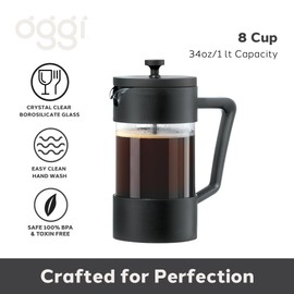 Oggi Borosilicate Glass French Press Coffee Maker (34oz)- 8 Cup Capacity, Coffee Press, Single Serve Coffee Maker, Stainless Steel Lid & Plunger, Make Great Coffee Gifts