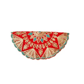 Round Velvet Pooja Cloth Mat Aasan Decorative Cloth with Sequence Work for Indian Traditional Multipurpose Pooja Decorations Item & Article (Size :- 14" X14") (Red)