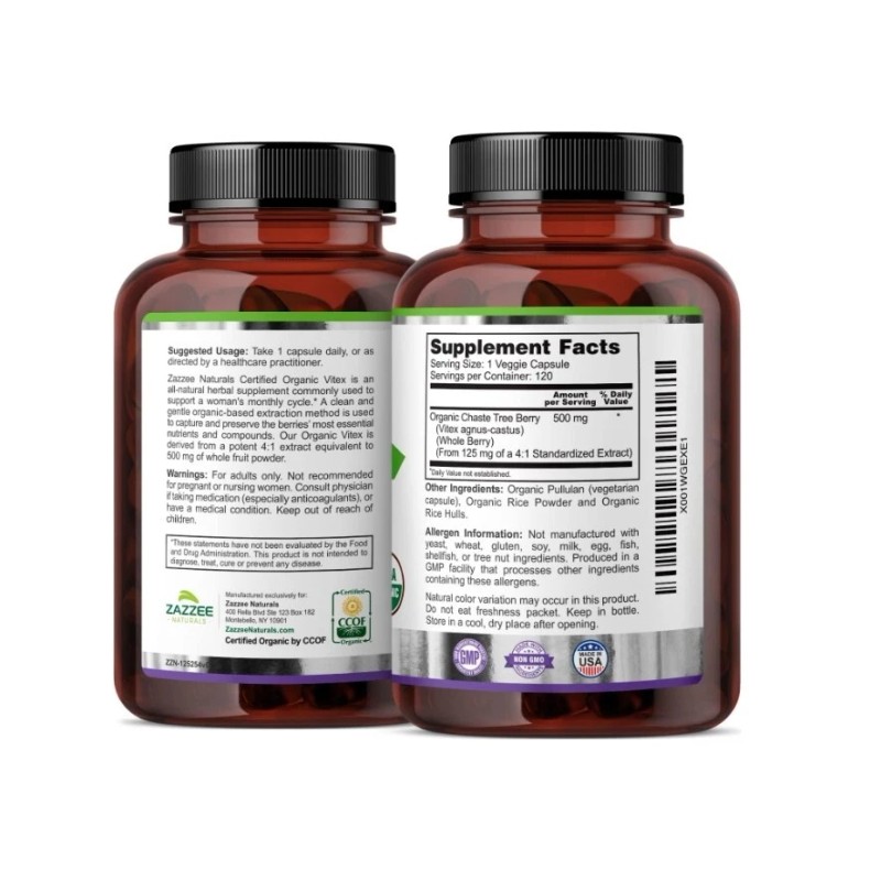 Zazzee Organic Vitex, 2 PACK, 500 mg, 120 Vegan Capsules