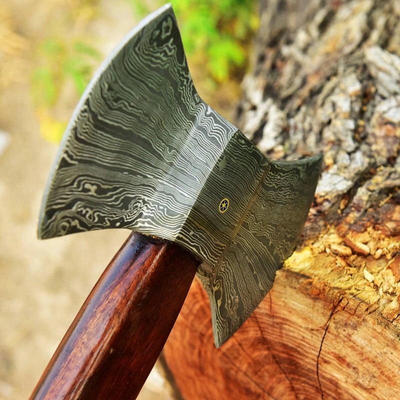 handmade forged Damascus steel double head axe Labrys tomahawk leather