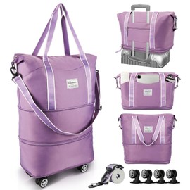 Orshawer 25L-55L Expandable Foldable Duffle Bag, Rolling Duffle Bag with Detachable Wheels and Adjustable Shoulder Strap, Large Weekender Bag for Business Trips, Camping, Fitness(Purple)