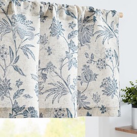 Vangao Linen Blend Valance Curtain Farmhouse Cottage Floral Small Window Curtain Light Filtering for Kitchen Rustic Valance for Living Room Bedroom Rod Pocket 1 Panel Blue on Beige