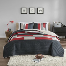 Comfort Spaces CS14-0864 3 Piece Quilt Coverlet Bedspread All Season Lightweight Hypoallergenic Pipeline Colorblock Kids Bedding Set, Full/Queen, Pierre Black/Red Stripe