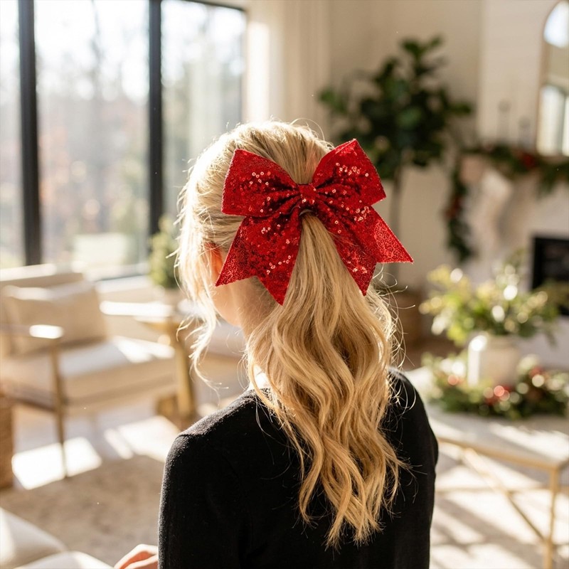 2PCS Red Cheer Bow, Large Shimmering Glitter Hair Bow Clips,