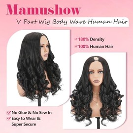 Mamushow Pelucas con parte en V, cabello humano, ondas corporales, 18 pulgadas, pelucas mejoradas sin pegamento con parte en U y cordón elástico, dens