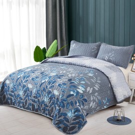 WONGS BEDDING Blue Quilt Set Queen Size,3 Pieces Navy Blue Floral Bedspread Coverlet Set,Soft Microfiber Lightweight Floral Bedding Set Queen 96"x90"