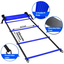 OFYDNR Speed Agility Ladder Training Set, 12 Rung 20Ft Agility Ladder, 12 Disc Cones, 4 Steel Stakes, Resistance Parachute with Carry Bag for Soccer Basketball Football Boxing Footwork Sports (Blue)