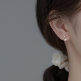 Reffeer Solid 925 Sterling Silver CZ Moon Star Earrings Stud for Women Teens Moon Sun Studs Earrings Asymmetric (B-Rose Gold)