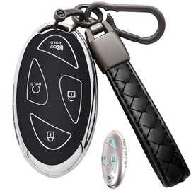 CAERSAT for Hyundai Ioniq 6 Key Fob Cover Premium Soft TPU with Leather Keychain Key Case Shell 360 Degree Protection for Hyundai Ioniq 6 Grandeur GN7 KONA 2023 2024 (7 Buttons, B Black)