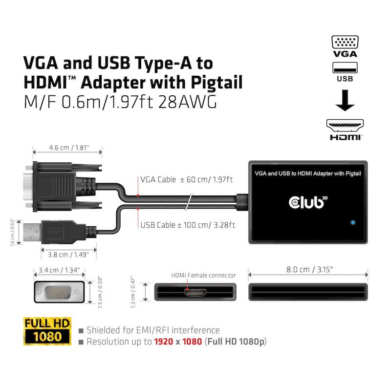 Club3D CAC-1720 VGA and USB Type-A to HDMI™ Adapter with