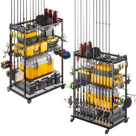 Fishing Rod Holder，SOYEEZE Fishing Pole Holders for Garage, 2 Top Baskets for Fish Reels, Side Hooks for Bait & Lines, Fish Tackle Storage Rack for Boxes & Fishing Supplies, Gifts for Men