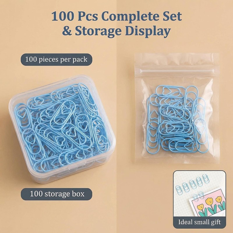 100Pcs 2x1cm Blue Heart Shaped Metal Paper Clips, Small Cute