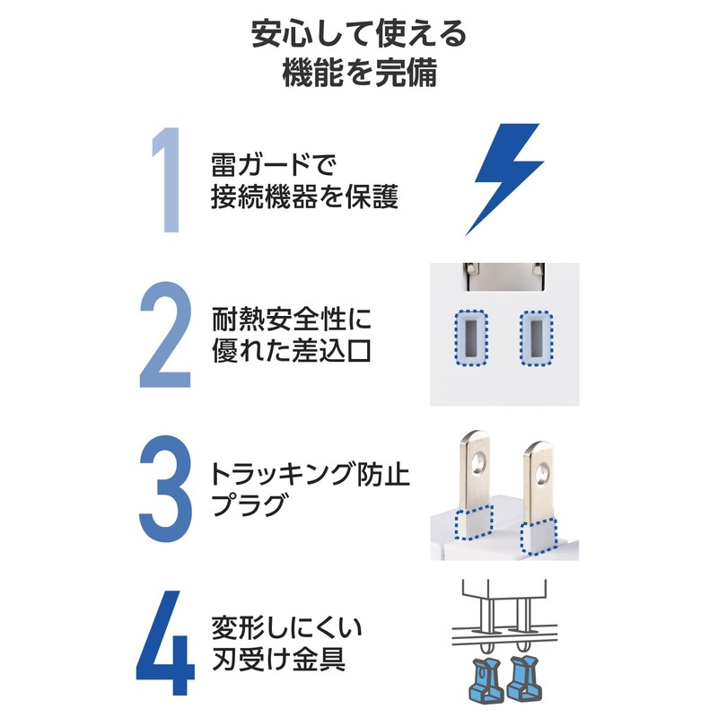 Elecom ECT-36-1ACWH Power Strip, USB Outlet, 15W, AC x 1,