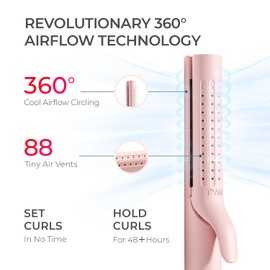 TYMO Airflow Curling Iron for Lasting Curls - Flat Iron Hair Straightener and Curler 2 in 1, Anti-Scald Ionic Curling Wand 1.25 Inch, 360° Cool Air, 5 Temps & Dual Voltage for Long Short Hair, Pink