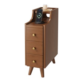 Narrow Nightstand, Walnut Solid Wood Small Thin Nightstand Narrow Bedside Tables for Small Spaces Living Room, Mid Century Modern Slim Skinny Nightstands with 3 Drawers, Night Stand