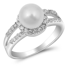 Sterling Silver CZ Pave Two Row Band 7mm White Freshwater Cultured Pearl Ring (Size 5 to 9), 7