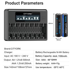 CITYORK Rechargeable AAA Batteries with Charger, 8 Pack AAA 1100mAh Ni-MH Low Self-Discharge Batteries with 8 Bay AA AAA Smart LCD Display Battery Charger with Discharge Function