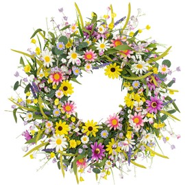 Yawwind Yawwind 22 Inches Spring Wreath for Front Door Spring Flower Wreaths Summer Door Wreath Colorful Wildflower Wreath with Daisy Lavender for Window Indoors Outdoor Decor