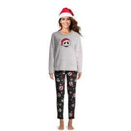 Nightmare Before Christmas Jack Skellington Women's Plush Christmas Pajamas Set w/Santa Hat (XXXL (22W-24W)) Gray/Black