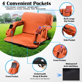 Stadium Seats for Bleachers with Back Support and Thick Padded Cushion,24" Extra Wide Portable Reclining Folding Chair with Optional Arms, 4 Pockets and Shoulder Straps,Big Size,Orange,2PCS