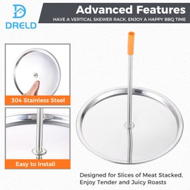 DRELD Vertical Kebab Skewer, BBQ Detachable Spike Meat Spit Stainless Steel Roaster Stand with Drip Tray for Broiler, Medium Chicken, Steak, Kebab, Shawarma, Doner, Gyros (7.6x7.68x8.6 Inch)