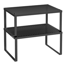 SONGMICS Spice Rack, Cabinet Shelf Organizers, Shelf Organizer, Countertop Organizer, Shelf Riser, Stackable, Expandable, Set of 2 Metal Kitchen Counter Shelves, Ink Black UKCS001B01