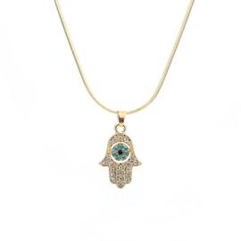 Meiligo® Fashion Womens Hip-hop Blue Evil Eye Necklace Jewelry Rhinestone Protective Hand of Fatima Palm Pendant Necklace (Gold)