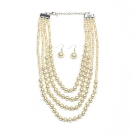 Florate Pearl Necklace and Earrings Set for Women Bib Multi Layered Strand Pearls Necklaces Beaded Long Costume Summer Jewelry (white)