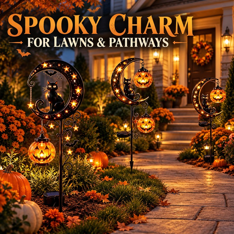 Solar Halloween Garden Stake Light, Black Cat Pumpkin Moon Outdoor