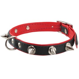 Dogs My Love Spiked Genuine Leather Dog Collar Padded (10.5"-11.75" Neck; 5/8" Wide, Black/Red)