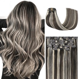 Honsoo Clip In Hair Extensions Real Human Hair Dark Brown to Blonde 18in 70g 7pcs Vrigin Natural Hair For Women