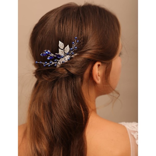 YERTTER Wedding Bridal Hair Comb decorative Rhinestone Bride Crystal Leaf Beads Comb Crystal Silver Handmade Updo Comb Clip Head Pieces for Women Flower Girls (Blue)