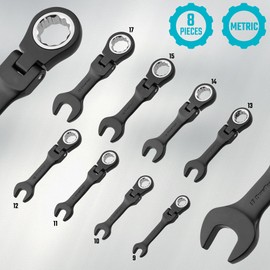 DURATECH Stubby Flex-head Ratcheting Combination Wrench Set, 8-piece, Metric, 9 to 17mm, CR-V Steel, Black Electrophoretic Coating, with Rolling Pouch