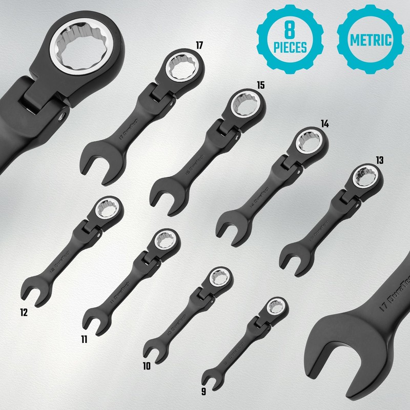 DURATECH Stubby Flex-head Ratcheting Combination Wrench Set, 8-piece, Metric, 9