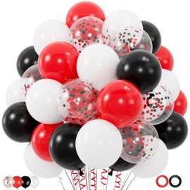 100pcs Red and Black Balloons, 12inch Red and White With Confetti Balloons for Class of 2025 Graduation, Birthday Decorations, Baby Shower, Casino, Race Car Party Supplies (2 Ribbons)