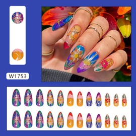Spring Press on Almond Nails Medium Glossy Full Cover Almond French False Nails with Floral Designs Artificial Almond Shaped Fake Nails with Charms Glue Stick ons Fingernails for Women Girls(W1753)